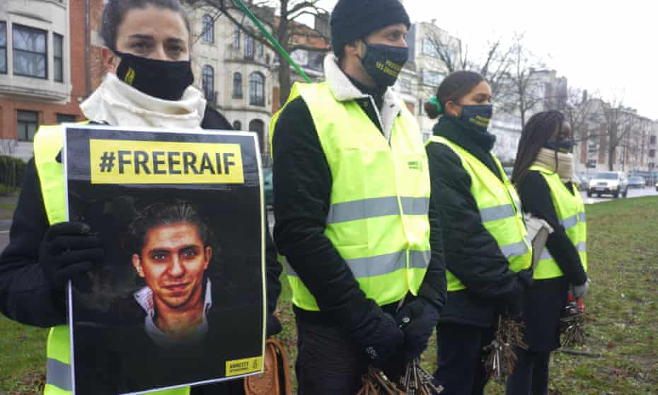Amnesty International protesters in front of the Saudi embassy in Brussels, January 2021. 