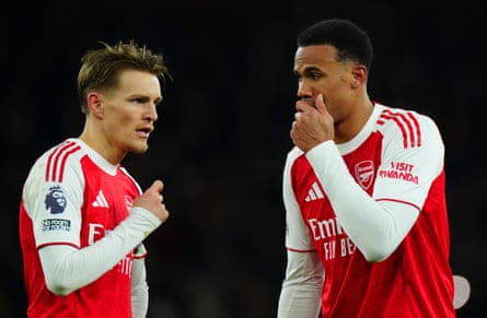 Martin Odegaard and Gabriel Magalhaes of Arsenal