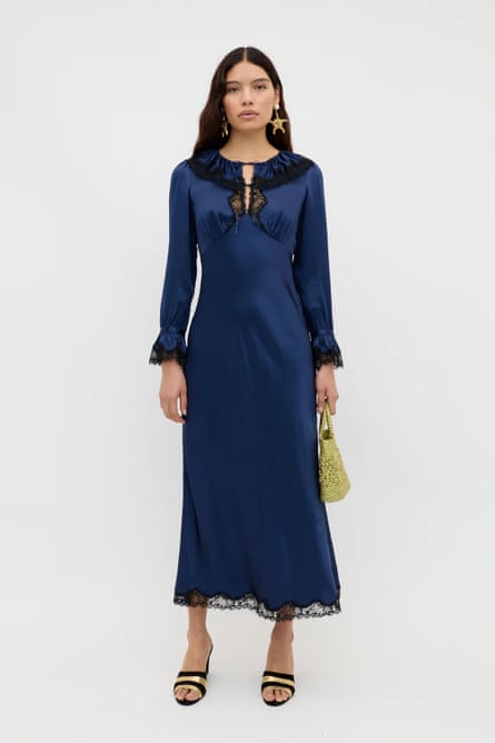 Rixo Satin midi dress in midnight blue.