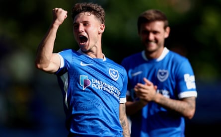 Adrian Segecic celebrates after scoring Portsmouth’s winner against Oxford United.
