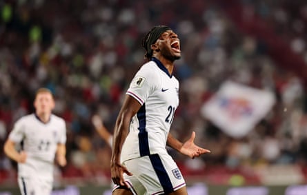 Noni Madueke celebrates after scoring for England