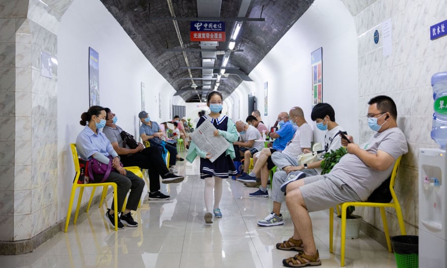 Residents in an air-raid shelter amid a heatwave warning in Nanjing