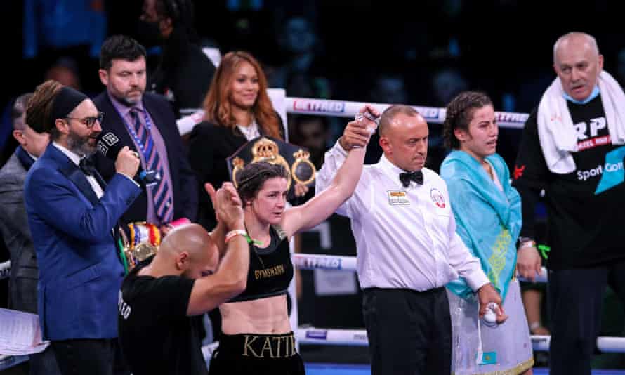 Katie Taylor is declared the winner of her WBA world lightweight fight against Firuza Sharipova