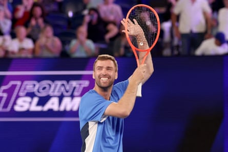 Australian amateur tennis player, Jordan Smith, celebrates a victory during the One Point Slam exhibition event at Rod Laver Arena