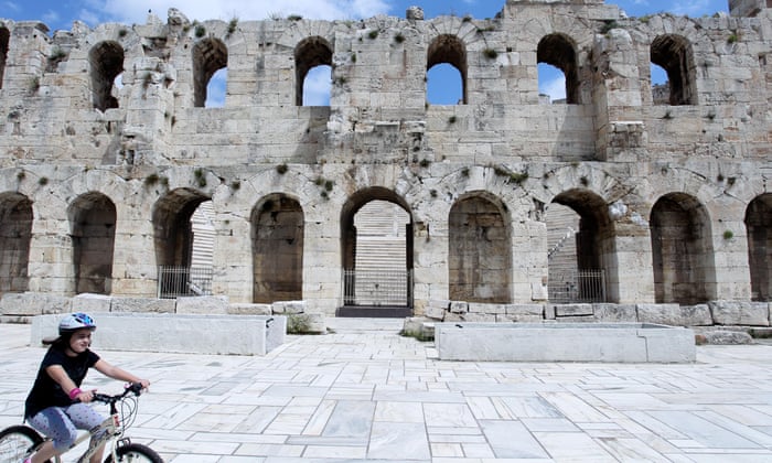 The Odeon of Herodes Atticus, located on the southwest slope of the Acropolis, is popular in the summer in Athens with many concerts.