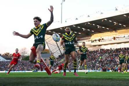 Reece Walsh prevents a try during the match between England and Australia at Headingley.