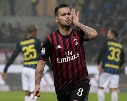 Suso celebrates after scoring against Inter in the Milan derby.