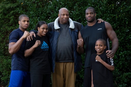 Daniel Dubois, the British heavyweight boxer, poses for a family portrait with his father, Stanley, sister Caroline and brothers Prince (left) and Solomon (right).
