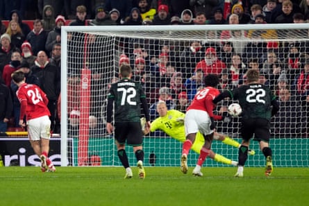 James McAtee scores Nottingham Forest’s fourth goal from the penalty spot.