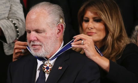 Rush Limbaugh receives the presidential medal of freedom from the first lady, Melania Trump, during the State of the Union address.