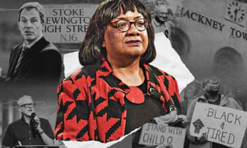 collage illustration with Diane Abbott at the centre, surrounded by (clockwise from left): Tony Blair, a Stoke Newington sign, Diane Abbott, Ken Livingston, Hackney Town hall, Child Q protestors, Jeremy Corbyn