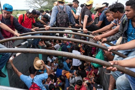 Depicted as a menacing horde … a caravan of Central Americans in Mexico, bound for the US.
