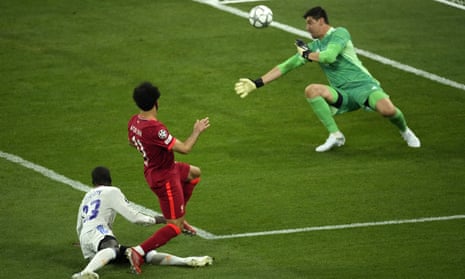 Thibaut Courtois makes one of a number of fine saves to deny Mohamed Salah and equaliser.