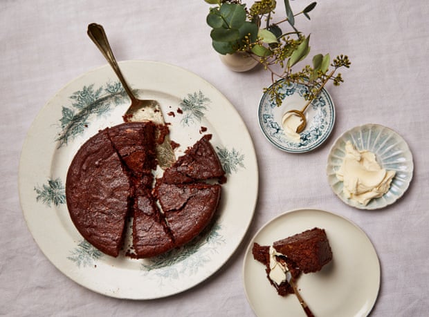 Rachel Roddy’s chocolate, chestnut, almond and prune cake.