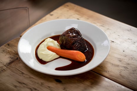 Elite Bistros at Home’s featherblade of beef with creamed potato, glazed carrot and red-wine sauce.
