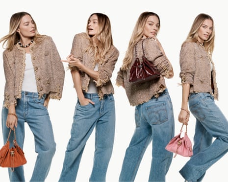 Margot Robbie in four poses wearing the tweed jacket, white vest and stonewashed jeans