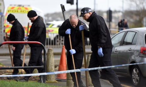 Police searching for clues near the scene of the attack in the Westgate area of Bradford city centre.