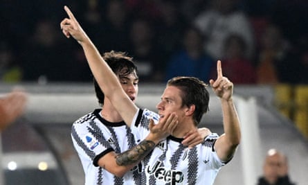 Juventus’s Nicolò Fagioli celebrates his goal against Leece with his teammate Matías Soulé.