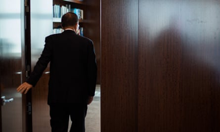 United Nations Secretary-General Ban Ki-moon walks into his office after an interview with The Guardian.
