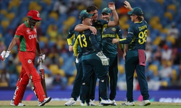 Marcus Stoinis celebrates after dismissing Aqib Ilyas during the T20 World Cup match between Australia and Oman at Kensington Oval in Barbados.