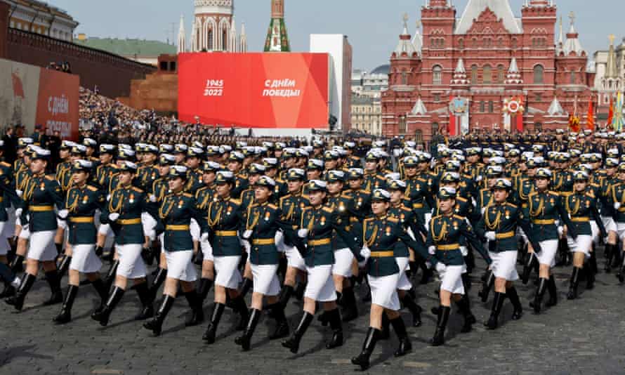 Russian service members march during a rehearsal for Victory Day celebrations in Red Square in Moscow.
