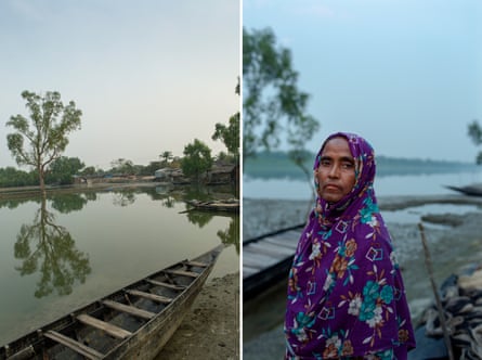 A composite photo of two images: on the left, a small boat pulled up on the muddy banks of a creek with a tree reflected in the water; on the right, a middle-aged south Asian woman wearing a traditional dupatta over her head and shoulders looks at the camera