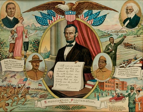 This 1919 chromolithographic print commemorates the emancipation proclamation and African American contributions to society.