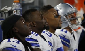 Dallas Cowboys receivers Lucky Whitehead (13), Dez Bryant (88), Terrance Williams (83) and Cole Beasley (11) look to the heavens.