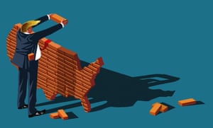 Illustration of Donald Trump building a brick wall in the shape of America