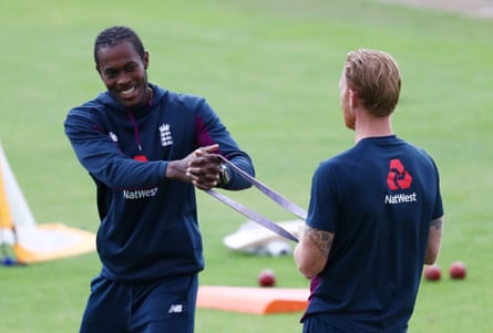 Jofra Archer and Ben Stokes warm up before a Test match.