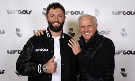 Jon Rahm and the LIV Golf commissioner and CEO, Greg Norman, are pictured in New York.