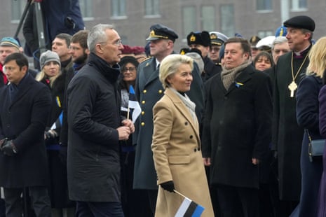 President of European Commission von der Leyen (R) and Nato secretary general Jens Stoltenberg attend a wreath-laying ceremony this morning at the war of independence victory column during independence day celebrations in Tallinn, Estonia.