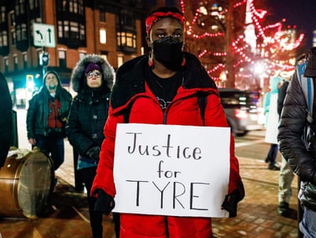Protesters hold slogans during a rally for Tyre Nichols in Boston, Massachusetts, on 2 February.