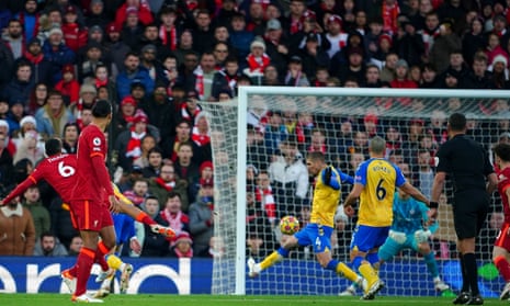 Liverpool’s Thiago Alcantara scores their side’s third goal.
