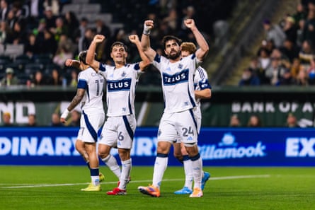 Brian White #24 of Vancouver Whitecaps celebrates after scoring the team’s first goal during the MLS match between Portland Timbers and Vancouver Whitecaps FC at Providence Park on March 07, 2026 in Portland, Oregon.