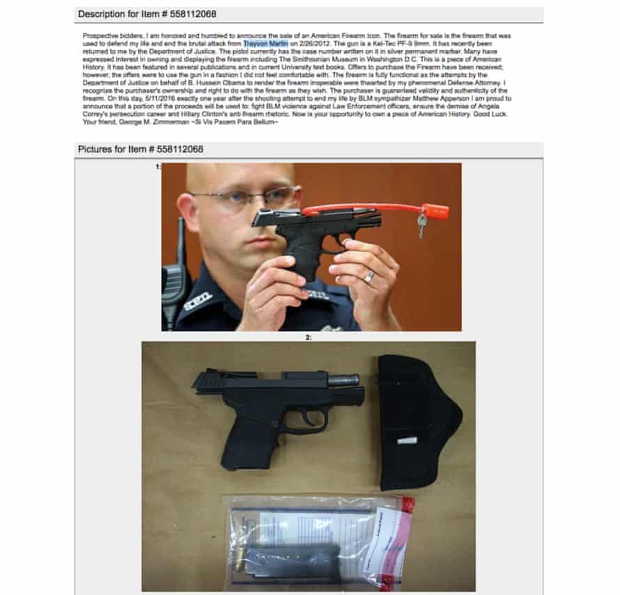 A listing on the website www.gunbroker.com in which George Zimmerman is selling the gun with which he killed Trayvon Martin in 2012.