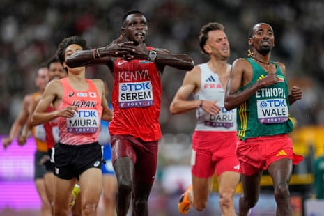 Kenya's Edmund Serem leads Ethiopia’s Getnet Wale over the line in heat one of the men’s 3,000m steeplechase