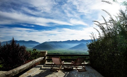 View of misty mountains from terrace of Villa Vager, Arcadia Peloponnese, Greece