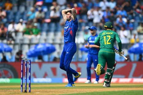 Topley reacts as de Kock drives his first ball for four.