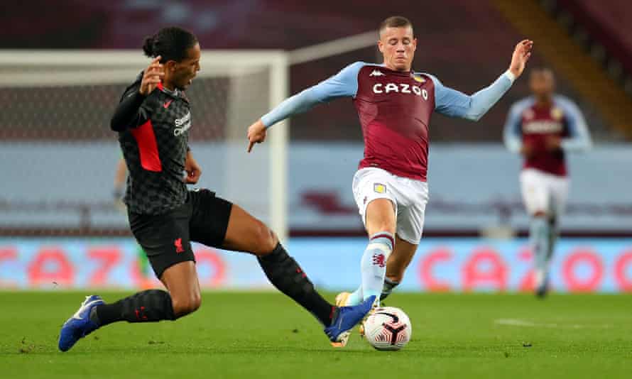 Virgil van Dijk challenges Aston Villa’s Ross Barkley during Liverpool’s 7u-2 defeat at Villa Park in the Premier League on 4 October 2020.