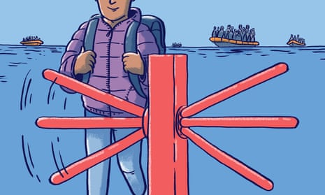 Illustration of a man with a backpack at a stile, against a background of packed inflatable boats on the sea