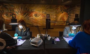 Nail technicians at work in the Van Gogh Museum in Amsterdam as part of a national protest action named ‘Kapsalon Theater’ (hairdressing theatre) against the continued Covid-19 closures in the cultural sector.