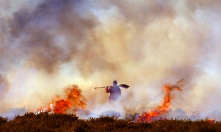 Burning the gorse on Dartmoor near Haytor England