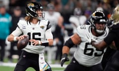 Jacksonville Jaguars quarterback Trevor Lawrence looks for a receiver during Thursday’s win against the New Orleans Saints.
