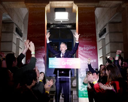 Grégoire addresses supporters at the Rotonde Stalingrad in Paris