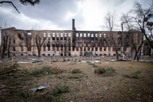 A military facility seen destroyed by shelling in the city of Brovary, outside Kyiv.