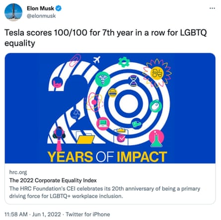 tweet says Tesla scores 100/100 for 7th year in a row for LGBTQ equality