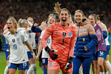 Mary Earps celebrates after her heroics in the penalty shoot-out helped England win the Women’s Finalissima 2023 against Brazil at Wembley.