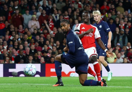 Bukayo Saka scores Arsenal’s third goal against Lille.