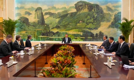 Antony Blinken, third left, and Xi Jinping, centre, during the meeting in Beijing.